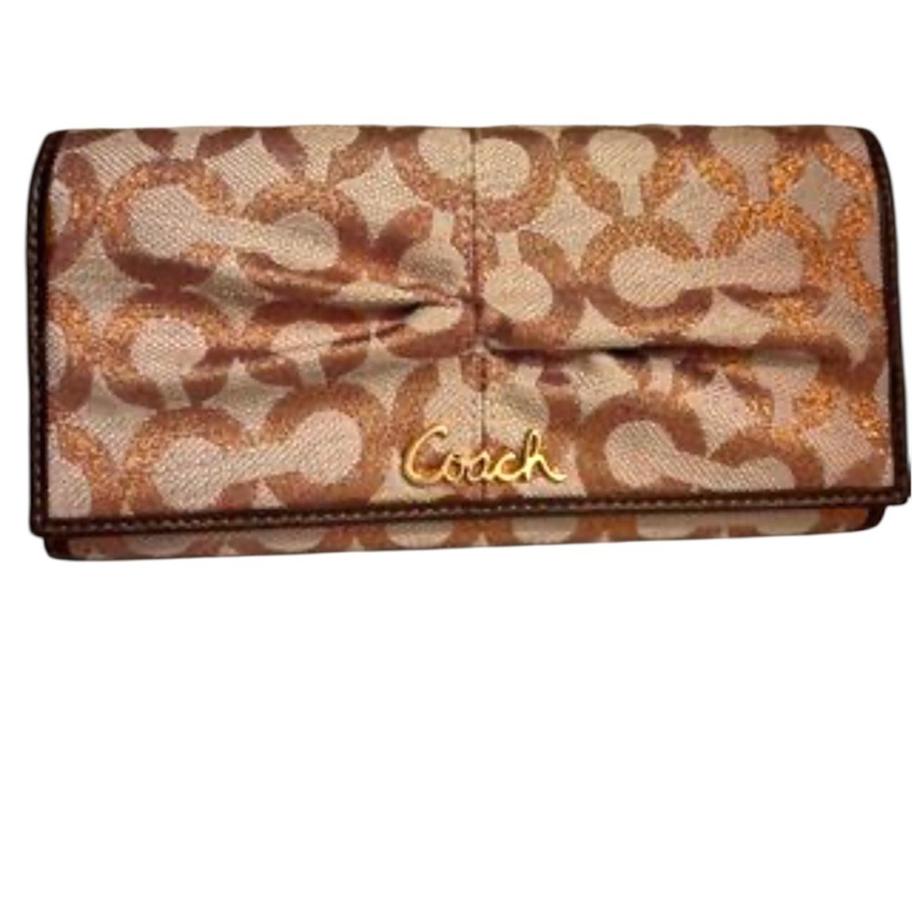 Coach Rose Gold Metallic Signature CC Wallet Leather Organizer Clutch Bag Card